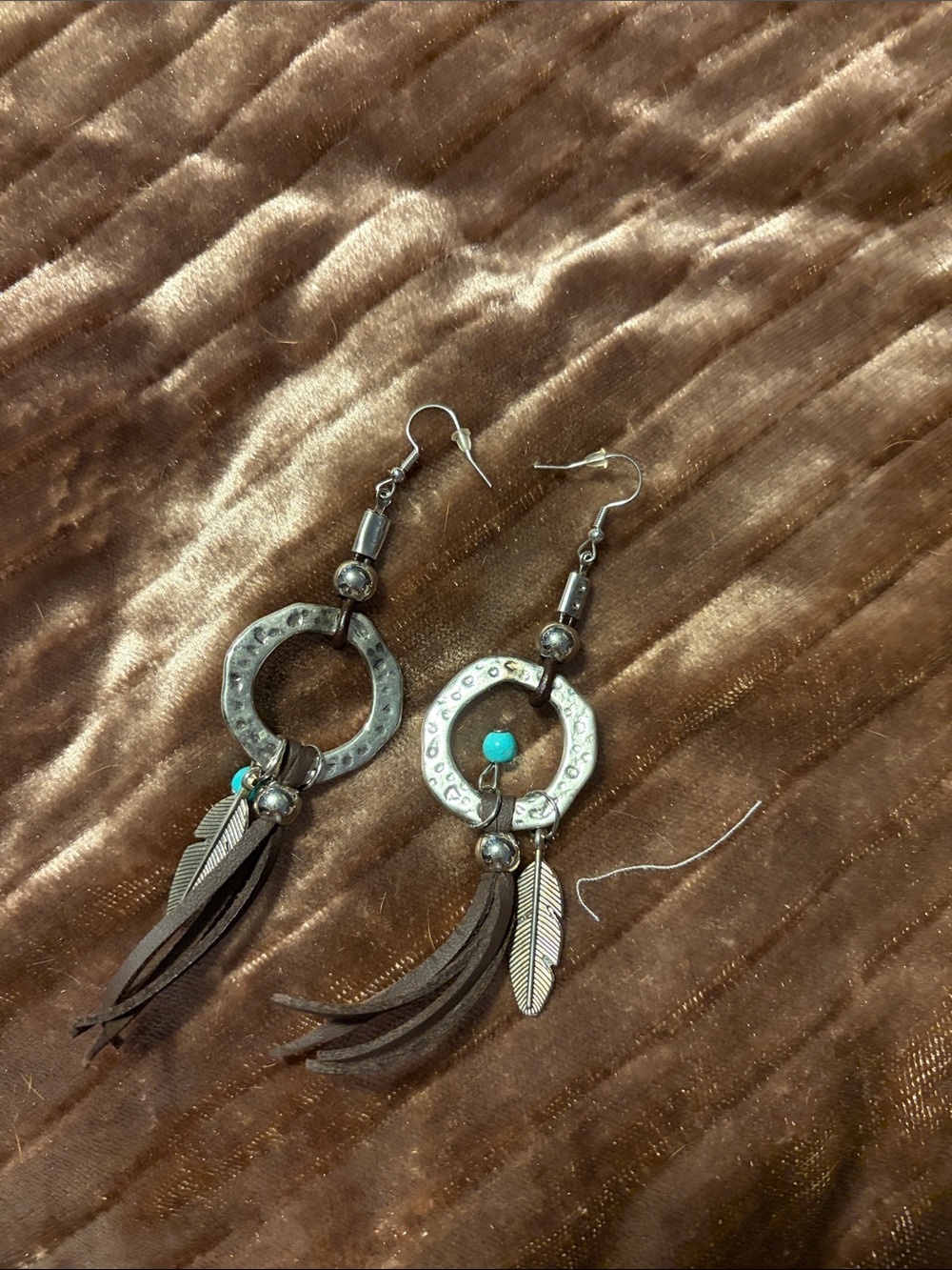 Turquoise Accent Silver-Tone Hoop Feather Drop Earrings - Women Jewelry